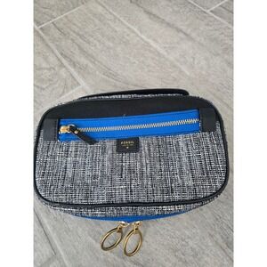 Fossil Ivy Jewelry Case Black‎ & White Blue Zipper Travel Bag Pouch